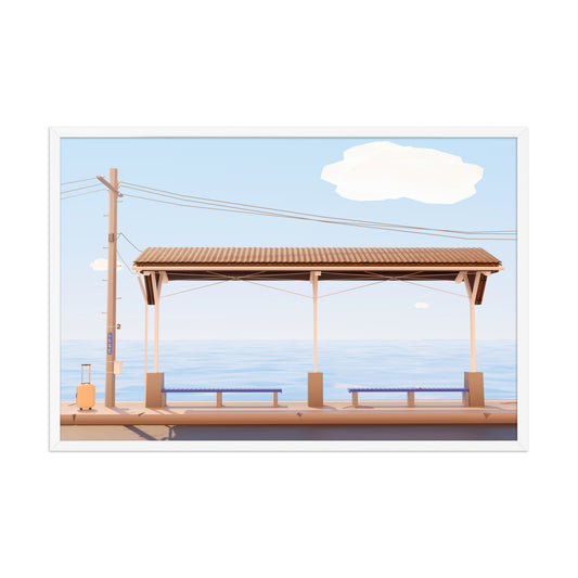 Product mockup of a low poly style artwork representing shimonada train station in japan in summer