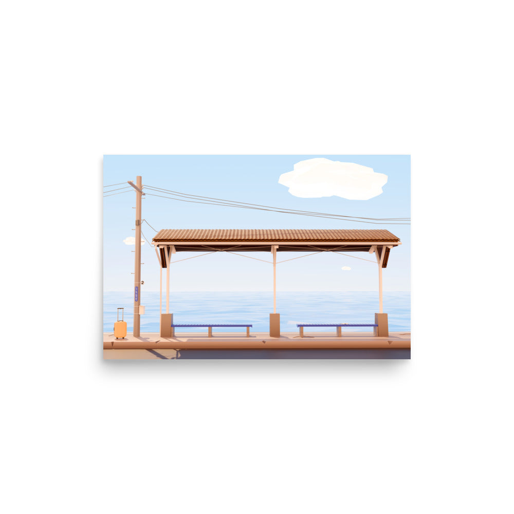 Product mockup of a low poly style artwork representing shimonada train station in japan in summer