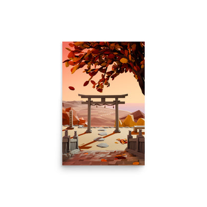 Product mockup of a low poly style artwork of a traditional Japanese torii gate with autumn leaves and mountains in the background.