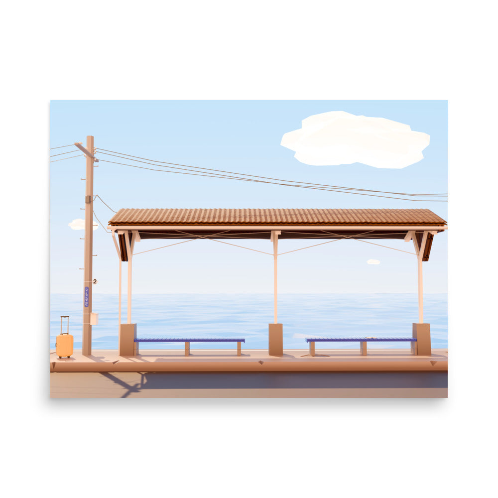 Product mockup of a low poly style artwork representing shimonada train station in japan in summer
