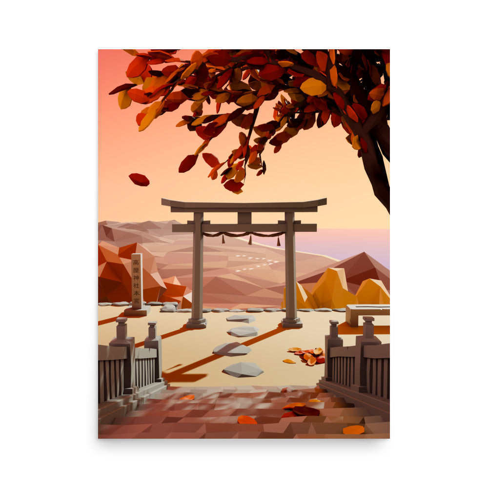 Product mockup of a low poly style artwork of a traditional Japanese torii gate with autumn leaves and mountains in the background.