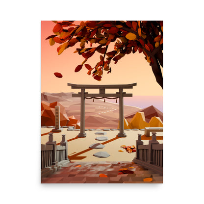Product mockup of a low poly style artwork of a traditional Japanese torii gate with autumn leaves and mountains in the background.