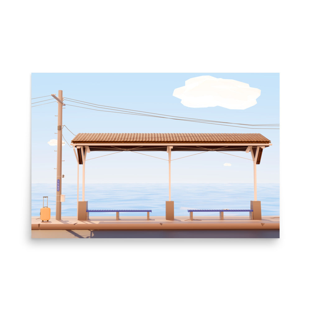 Product mockup of a low poly style artwork representing shimonada train station in japan in summer
