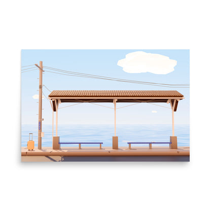 Product mockup of a low poly style artwork representing shimonada train station in japan in summer