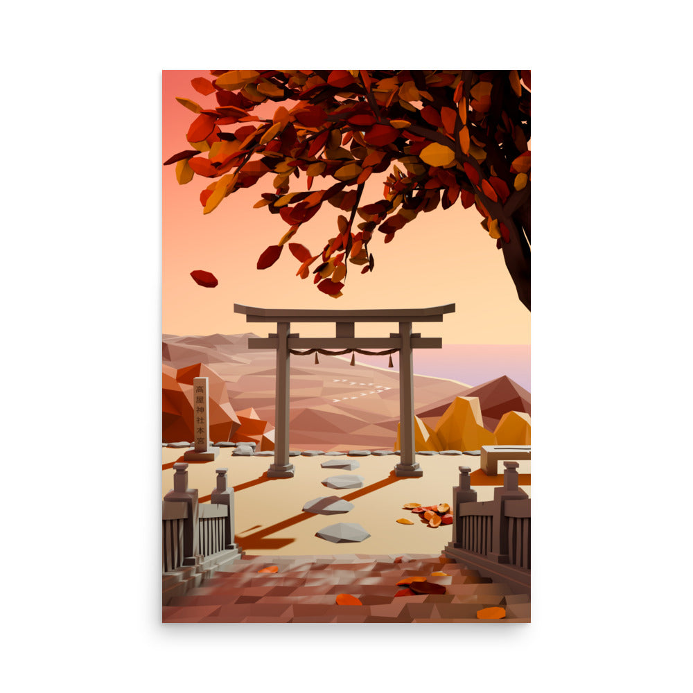 Product mockup of a low poly style artwork of a traditional Japanese torii gate with autumn leaves and mountains in the background.