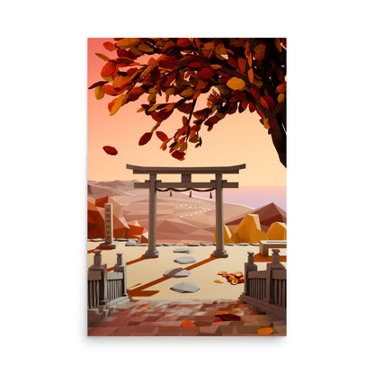Product mockup of a low poly style artwork of a traditional Japanese torii gate with autumn leaves and mountains in the background.