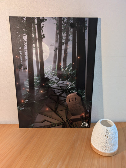 Aluminium print showing a paved trail in a mystic forest with fireflies a gravestone a full moon and trees during night time, in low-poly style.